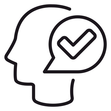 Minimalist Black Line Art Vector Icon of a Human Head Profile with a Checkmark Inside a Speech Bubble, Representing Positive Thinking, Decision Making, Mental Health Approval, and Success.