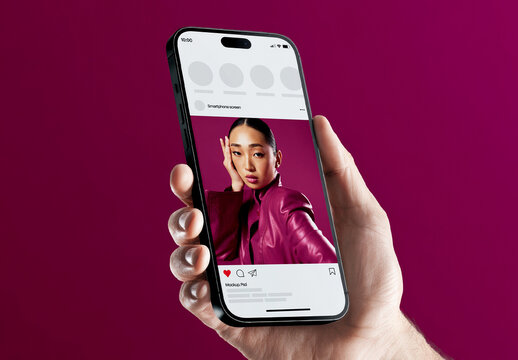 Hand Holding Smartphone with Social Media Interface Mockup