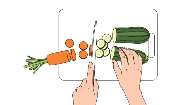 This top-down line-drawn illustration captures the precise moment hands use a long knife to slice an orange carrot and green zucchini on a white board.