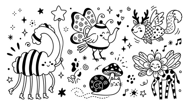 Whimsical fantasy creatures doodle set, imaginary animals collection in playful hand-drawn style, creative illustration elements