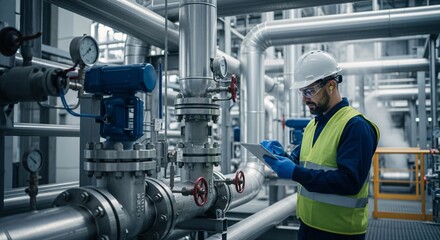 Naklejka premium Industrial worker inspecting pipeline system.