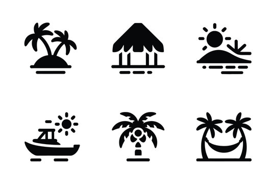 Tropical island and beach vacation icons with tropical vacation collection