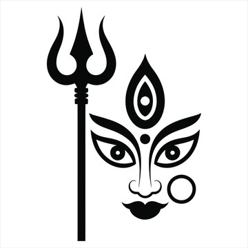 Black and white vector illustration of goddess durga face with trishul. concept of durga puja or navratri festival