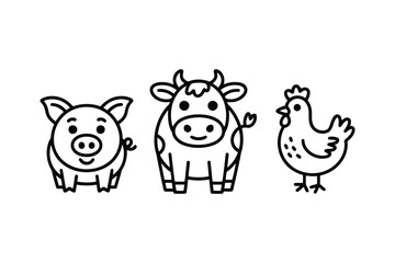 Obraz premium Black and white line of pig, cow, and chicken farm animals line black and white