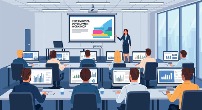 Business training, office computer class, data analysis workshop, corporate education