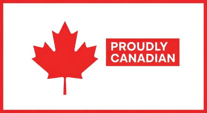 A graphic featuring a red maple leaf and proud canadian text