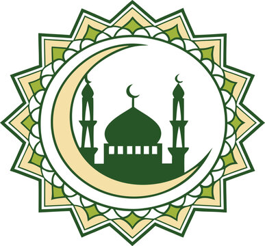 Gold framed eid al adha badge with green mosque and crescent moon