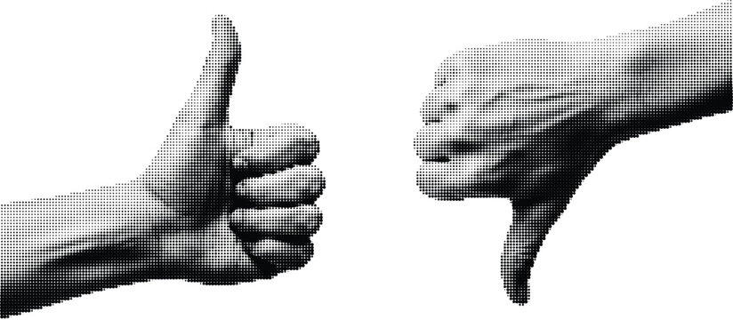Thumbs up and thumbs down gesture, approval and disapproval, comparison of options, halftone dot art isolated on transparent background.