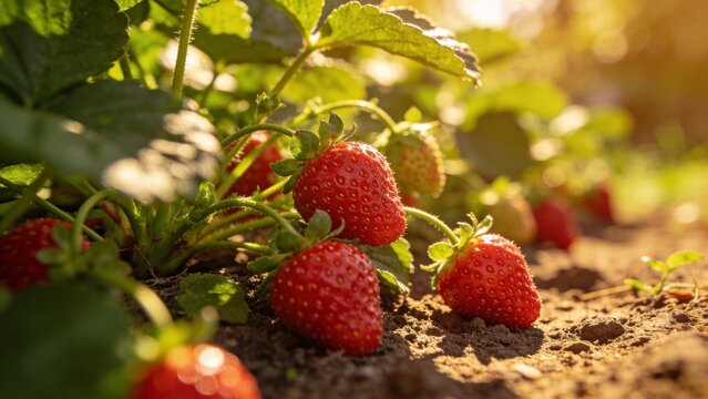 Fresh strawberries with green leaves in bright light