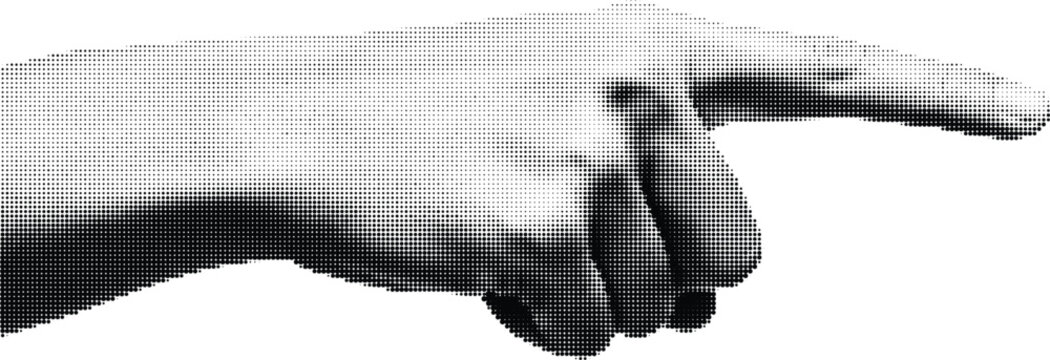 Retro halftone human hand pointing right with index finger isolated on transparent background vector illustration style for vintage graphic design projects.