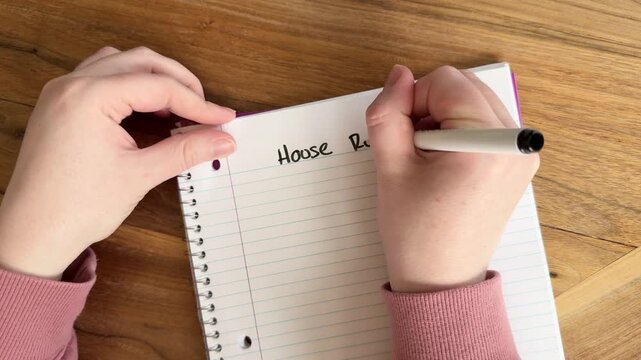 Close up of hands writing &ldquo;house rules&rdquo; on lined notebook paper, short term rental concept with guest guidelines and summer tasks, natural light overhead shot on wooden table, 4K video