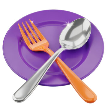A vibrant purple plate with a fork and spoon resting on top.