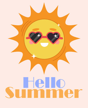 Hello Summer poster with cute cartoon sun character wearing heart shaped sunglasses, vector illustration.
