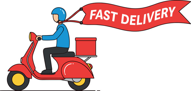 Fast delivery scooter courier illustration with rider and banner, express shipping service concept for ecommerce and logistics business