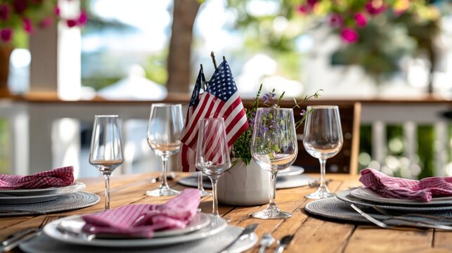 Outdoor Dining Setup With Blue Flowers and Striped Napkins During Late Afternoon