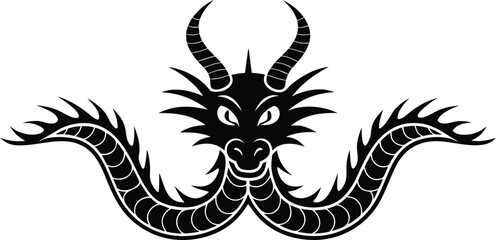 Black silhouette of chinese zodiac dragon with ornate scales and fiery mane © SnappyDesigns