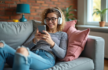Obraz premium Young woman wears headphones, smiles using phone on sofa. She relaxes indoors, enjoying music and digital content in modern living room. Casual home lifestyle.