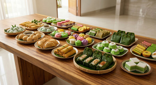 Assorted Indonesian Traditional Snacks and Jajanan Pasar on Long Wooden Table