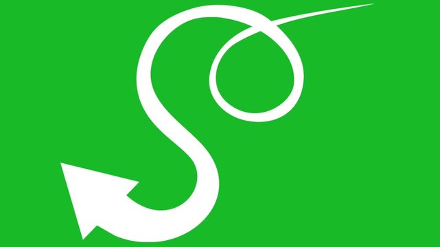 Drawing white curved arrow with loop animation on green screen background overlay