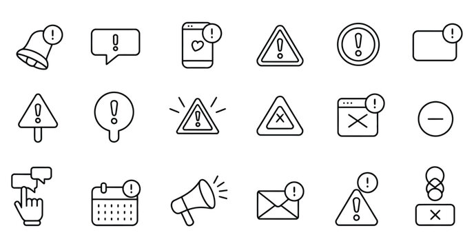 Alert risk sign line icon set, caution warning exclamation mark thin editable stroke symbols for safety information, accident notification, hazard awareness and user interface design.