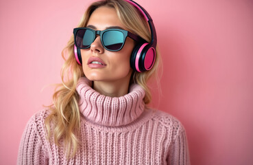 Naklejka premium Blond woman wears pink sweater sunglasses headphones against pink wall. Young model listens music or podcast, enjoys audio content. Stylish portrait, fashion accessory, close-up view.