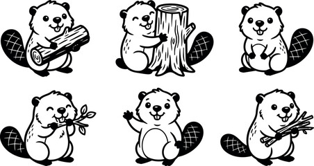 Fototapeta premium Black and white vector art set of cute beaver holding wood and waving