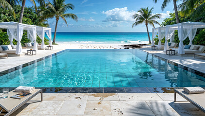 Fototapeta premium Luxurious infinity pool overlooking a pristine beach with palm trees and cabanas, perfect for a tropical getaway
