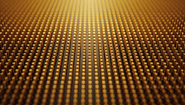 Gold-plated CPU pins grid macro. Computer processor hardware.
