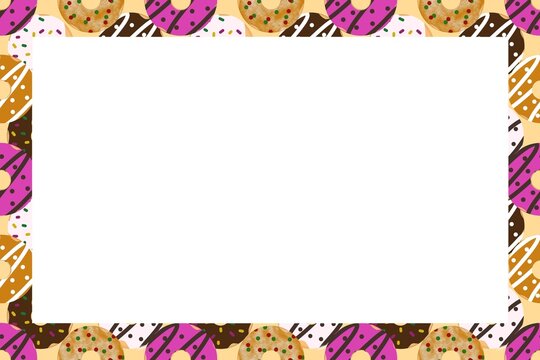 Colorful donut border frame with empty copy space in the center. Ideal for invitations, menu design, posters, banners, and food themed design