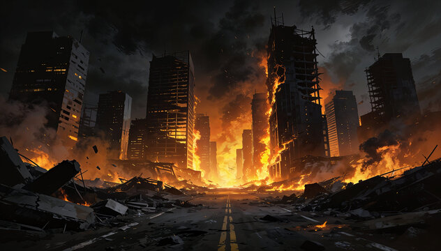 A desolate cityscape consumed by widespread fire and destruction. Towering buildings burn fiercely, collapsing into fiery ruins under a dark, smoke-filled sky, depicting a profound urban catastrophe