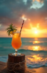 Fototapeta premium Orange cocktail with pineapple garnish sits on wooden post by ocean. Sunset sky with golden light reflects on water. Tropical drink awaits by sea.