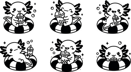 Obraz premium Black and white axolotl character drinking bubble tea on striped swim ring vector art