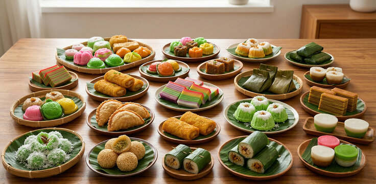 Assorted Indonesian traditional snacks and jajanan pasar displayed on a wooden tabletop with banana leaf presentation, featuring colorful sweet and savory local treats in a clean indoor setting.