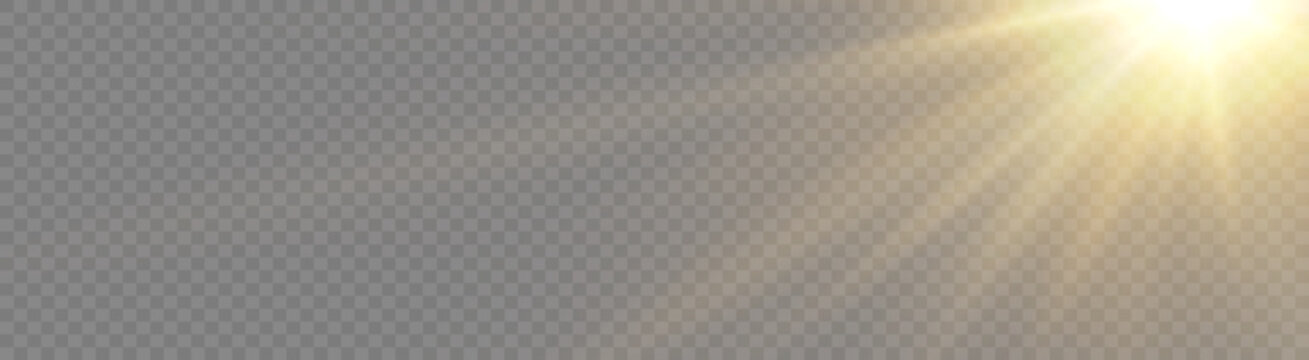 Sun light rays burst isolated transparent background PNG, shining sunlight flare glow effect, bright starburst, gleaming sparkle, magic starlight beam, abstract golden sun flash lens flare