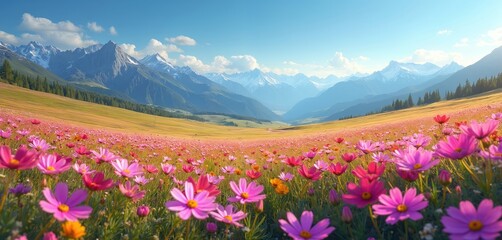 Obraz premium Vast mountain valley filled with pink and yellow flowers under blue sky. Green hills and snowy peaks stretch to horizon. Peaceful nature scene, blooming meadow landscape.