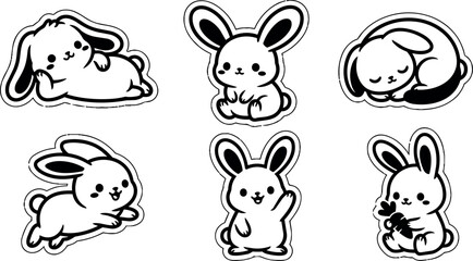 Fototapeta premium Black and white cute cartoon bunny rabbit set with playful and sleeping poses