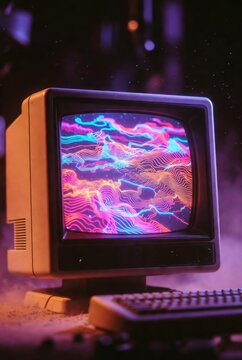 A close-up of a futuristic retro-style computer monitor with a chunky beige plastic frame. On the screen, vibrant 3D glowing neon topographic maps are pulsating.