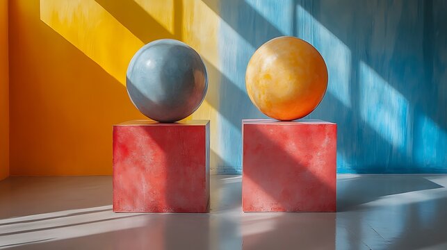 Colorful spheres on red cubes