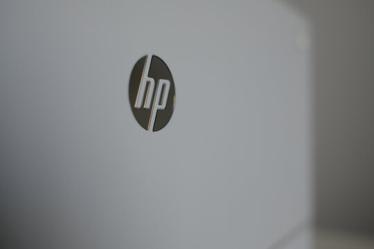 Belgrade, Serbia &ndash; April 13, 2026 &ndash; HP logo on white back of computer monitor close-up