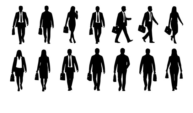 Minimal business people walking icon set men women with bags vector isolated on white background