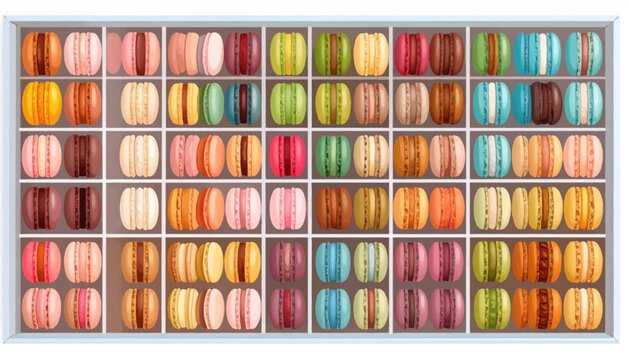 Assorted colorful macarons in tray.