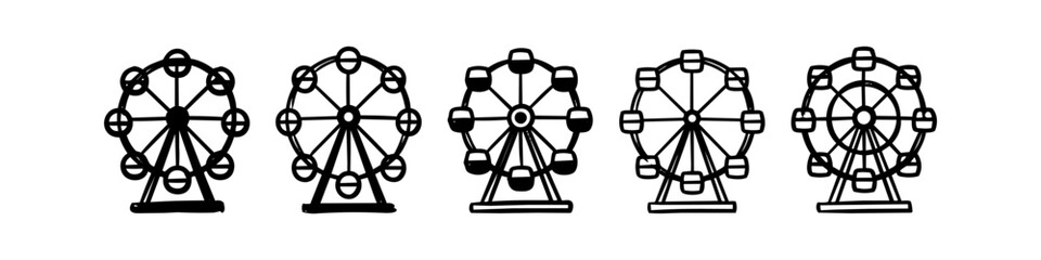Set of five hand-drawn Ferris wheel icons in a minimalist sketch style, suitable for carnival, amusement park, or fairground designs. Black line art on a white background. © Nort Kor
