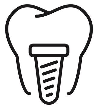 Minimalist black vector icon illustration of a dental implant screw inside a tooth silhouette, representing oral surgery, dentistry, and prosthetic tooth replacement on a white background.