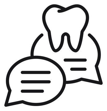 Black line art vector illustration of a tooth with speech bubbles, symbolizing dental consultation, online dentist chat, oral health advice, medical communication, and professional dentistry support.