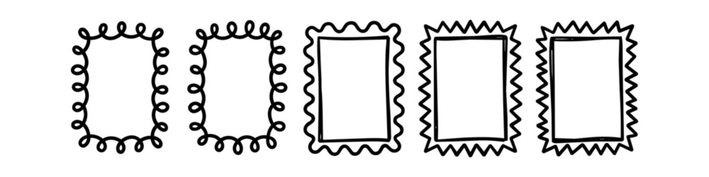 Set of hand-drawn doodle frames and borders. Minimalist black ink sketchy rectangular banners with wavy, curly, and spiky edges on white background. Creative design elements for headers.