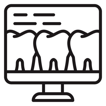 Dental X-ray on computer monitor vector icon. Minimalist black line illustration of digital teeth scan for dentistry, oral health diagnostics, and medical records. Scalable graphic symbol.