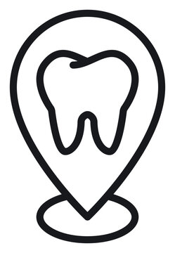 Dental Clinic Location Vector Icon: Minimalist Black Line Art Illustration of a Tooth Inside a Map Pin Pointer for Dentist Office Finder, Oral Healthcare Services, and Medical GPS Navigation.