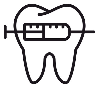 Black line art vector icon illustration of a tooth with a medical syringe for local anesthesia injection, symbolizing dental care, oral surgery, pain relief, and professional dentistry services.