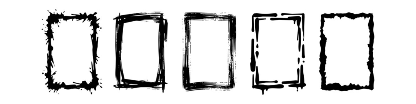 Set of five black hand-drawn grunge rectangular frames with distressed edges, ink splatters, and brush strokes. Ideal for artistic borders, vintage designs, and urban street style layouts.
