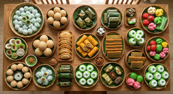 Overhead view of assorted Indonesian traditional snacks and jajanan pasar arranged on bamboo trays over a wooden table, featuring colorful sweet and savory local treats.